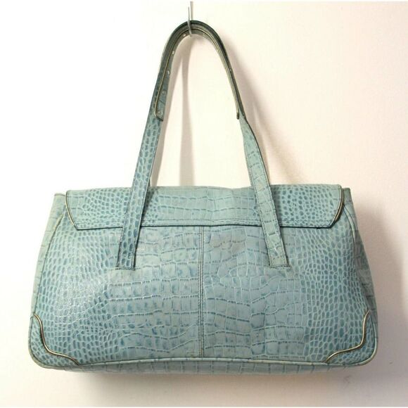 HILFIGER LIGHT BLUE AQUA CROCO PRINT GENUINE LEATHER TOTE SHOULDER BAG HANDBAG - Picture 4 of 8